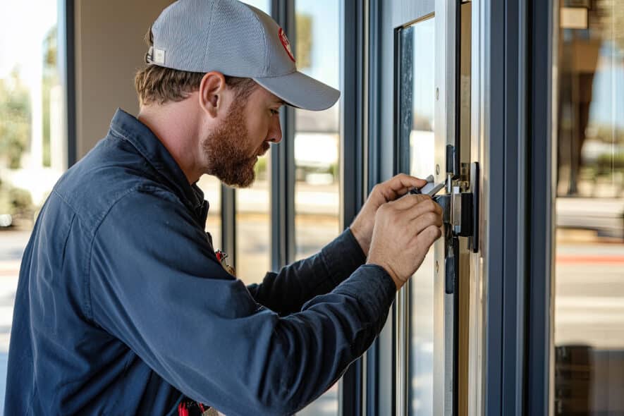 A technician adjusts repairs commercial door